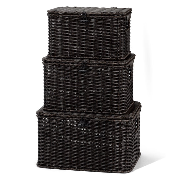 Nonam Large Wicker Storage Basket with Lid Set of 3,Waterproof Handwoven Stackable Containers Boxes with Handles for Home Organization,Black