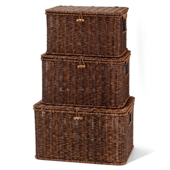 Nonam Large Wicker Storage Basket with Lid Set of 3,Waterproof Handwoven Stackable Containers Boxes with Handles For Home Organization,Brown