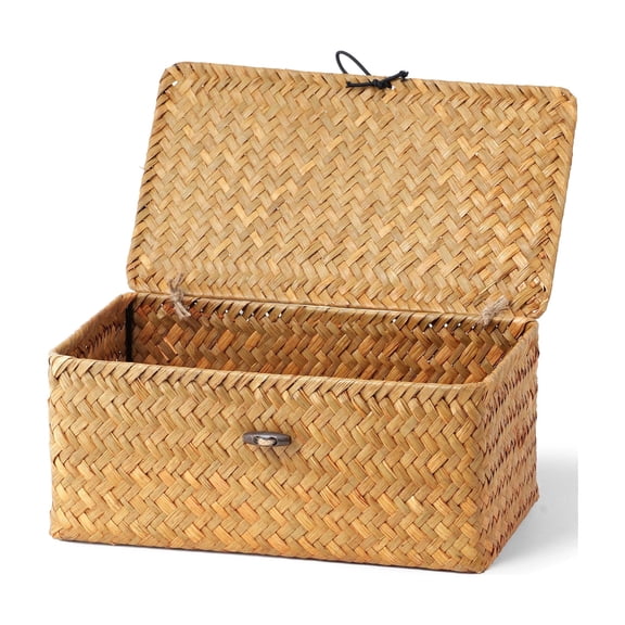 Nonam Seagrass Storage Basket with Lid,Handwoven Decorative Shelf Box for Closet Living Room Organization,Small,Natural