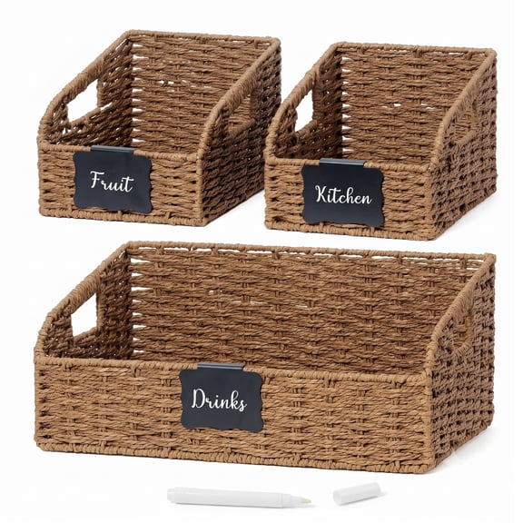 Nonam Wicker Storage Basket Set,3 Pack Handwoven Paper Rope Baskets with Chalkboards and Handles for Organization