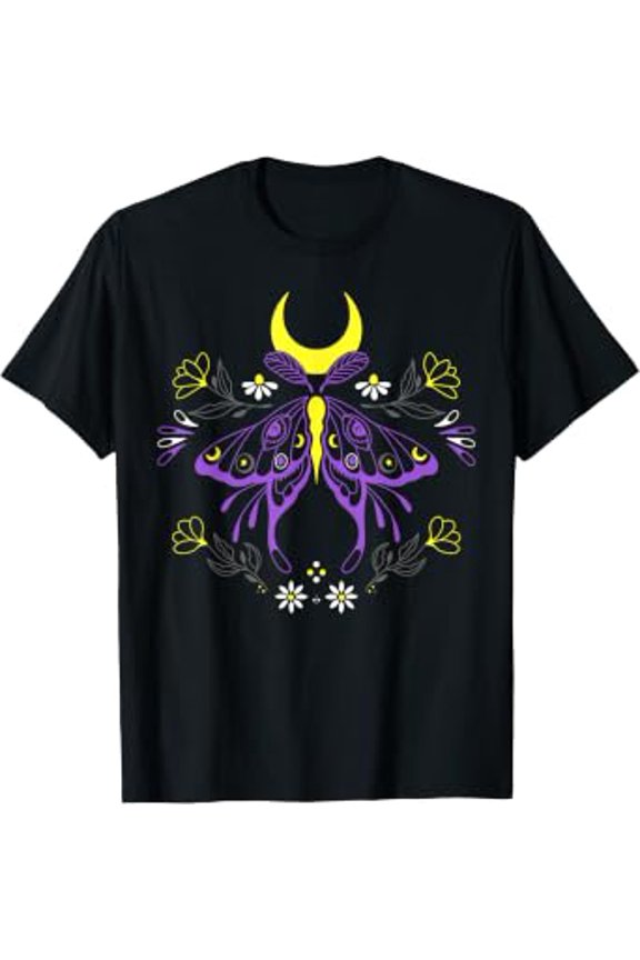 Nonbinary Pride Moth with Moon and Floral Symbols T-Shirt