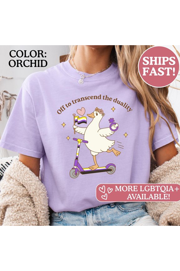 Nonbinary Pride Shirt featuring a Cute Goose on a Scooter Unique Gender Neutral Enby Gift
