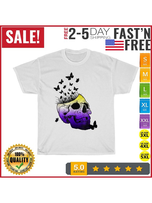 Nonbinary Skull Halloween Enby Pride Butterflies Goth Grunge T Shirt Men Women