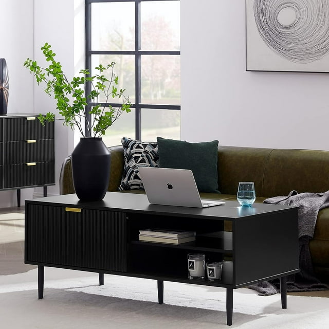 None Black Coffee Table, 48" Modern Center Table for Living Room, Cocktail Table w/Waveform Panel Sliding Door, Large Storage Space, Rectangular Coffee Tables for Books, Desk Supplies, Games, Black