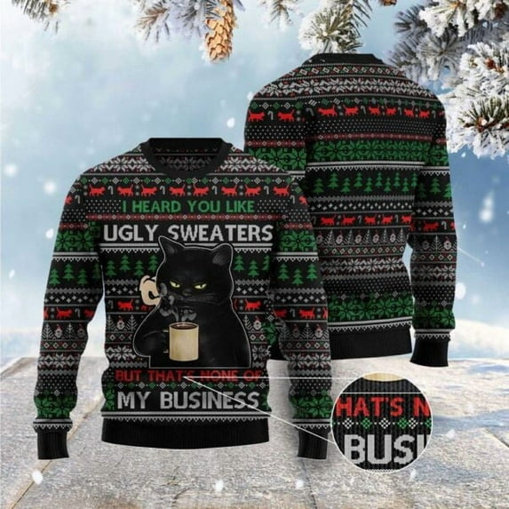 None Of My Business Black Cat Christmas Sweater, Christmas Cat Christmas Sweater, Cat Xmas Sweater