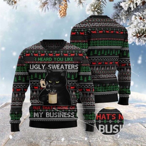 None Of My Business Black Cat Christmas Sweater, Christmas Cat Christmas Sweater, Cat Xmas Sweater