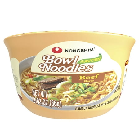 Nongshim Bowl Noodle Beef & Ginger Ramen Noodle Soup, 3.03 oz, Contains Wheat and Soy