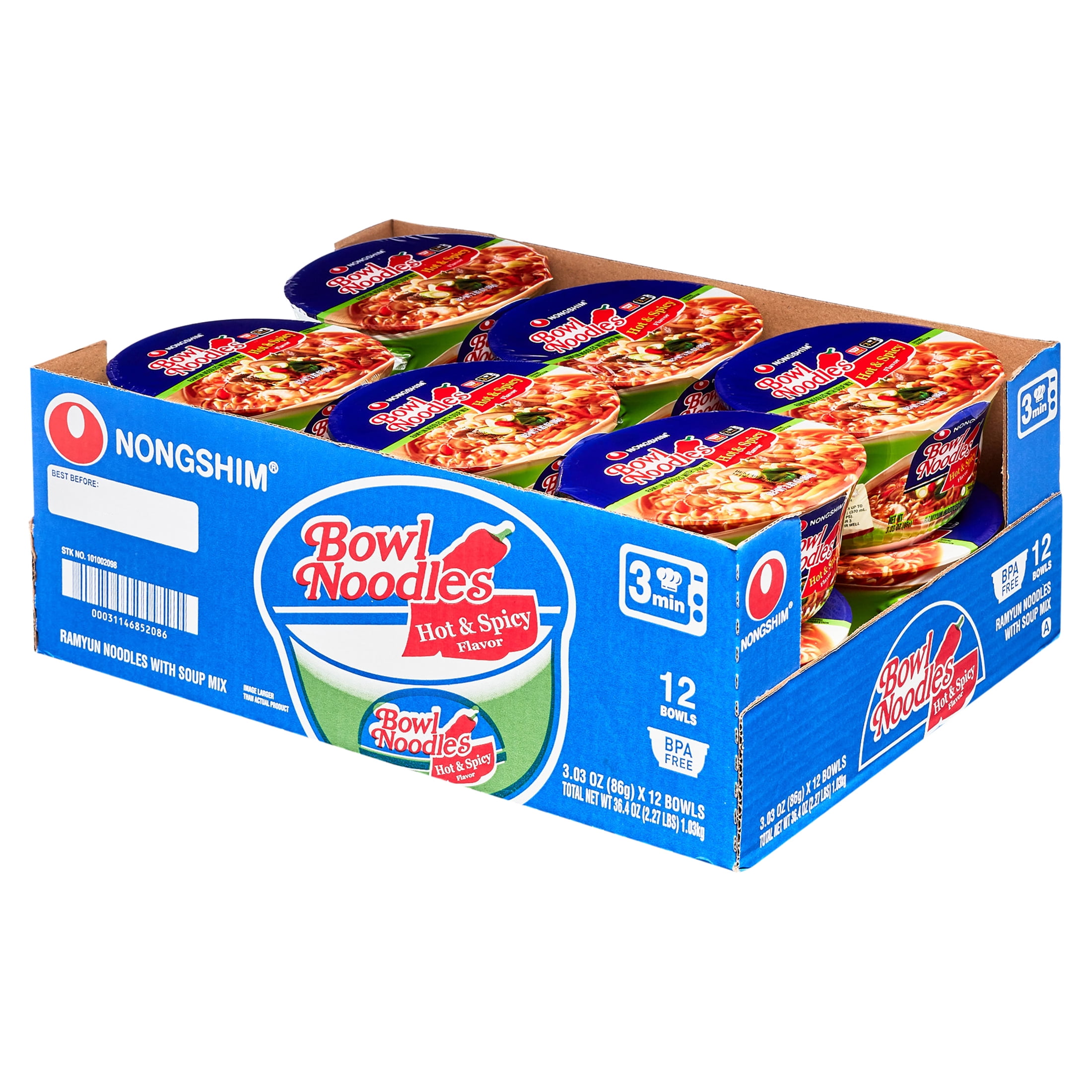 NONG SHIM Nongshim Bowl Noodle Hot & Spicy Ramen Noodle Soup Bowl, 3.03oz X 12, Shelf-Stable
