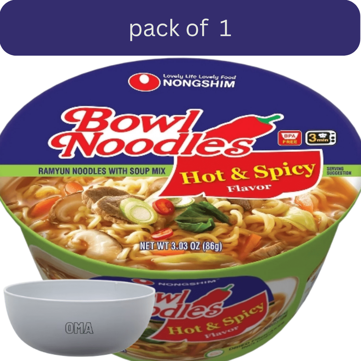 Nongshim Bowl Noodle Hot and Spicy Beef Ramen, 3.03 oz., 18 ct. with bowl by OMA