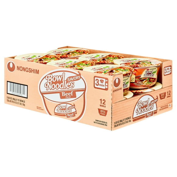 Nongshim Bowl Noodle Savory Beef Ramyun Ramen Noodle Soup Bowl, 3.03oz X 12 Count, Shelf-Stable