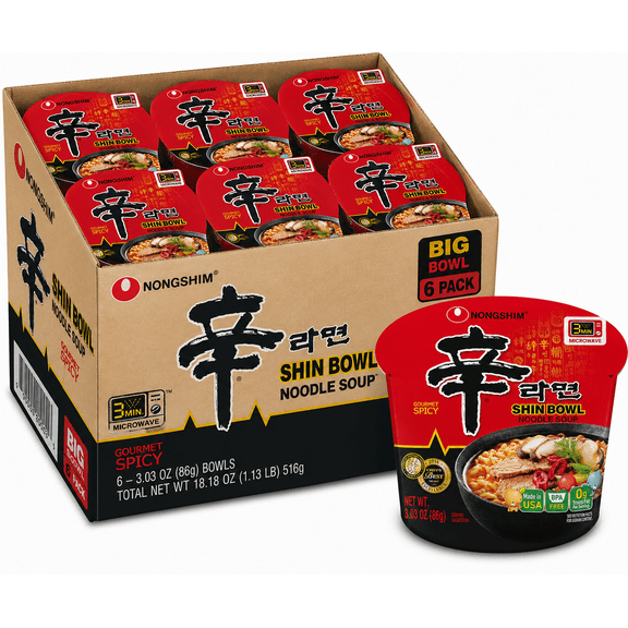 Nongshim Bowl Noodle Soup Beef Flavor Instant Ramen Bowl, 3.03 oz, 12 Pack