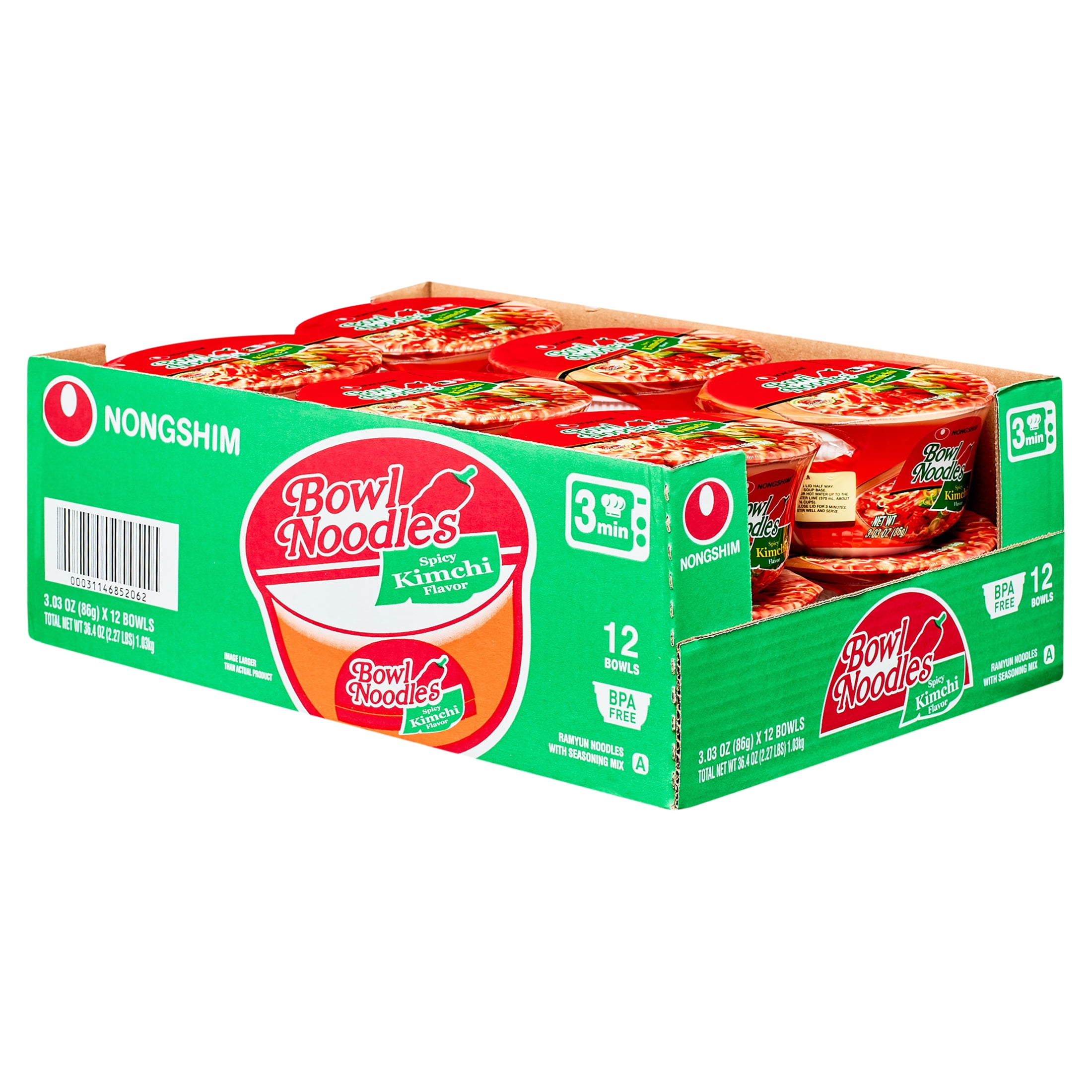 NONG SHIM Nongshim Bowl Noodle Spicy Kimchi Ramyun Ramen Noodle Soup Bowl, 3.03oz X 12 Count, Shelf-Stable