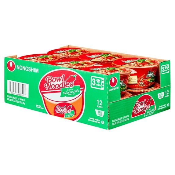 Nongshim Bowl Noodle Spicy Kimchi Ramyun Ramen Noodle Soup Bowl, 3.03oz X 12 Count, Shelf-Stable