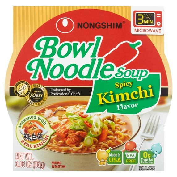 Nongshim Bowl Noodle Spicy Kimchi Ramyun Ramen Noodle Soup Bowl, 3.03oz X 12 Count