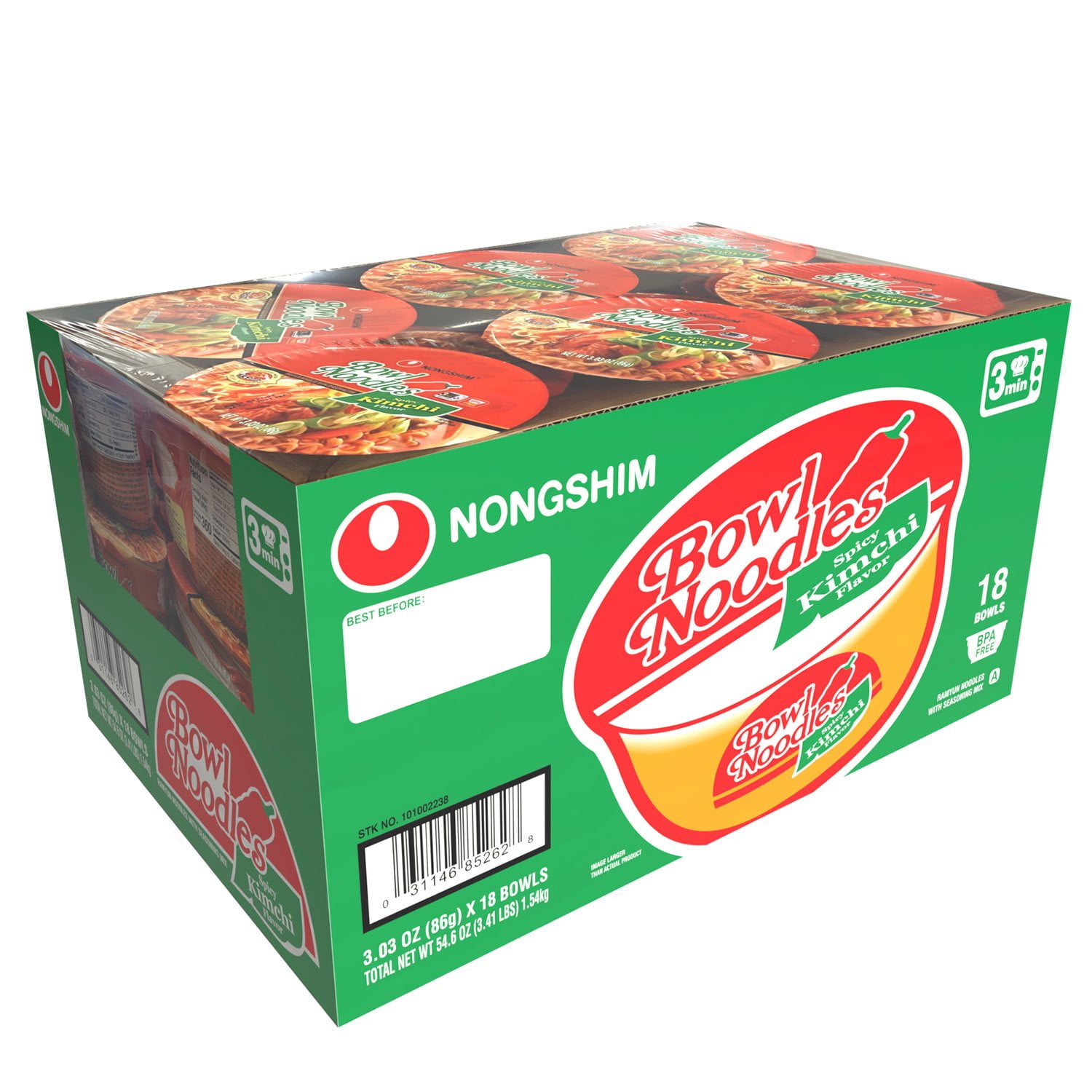 Nongshim Bowl Noodle Spicy Kimchi Ramyun Ramen Noodle Soup Bowl, 3.03oz X 18 Count