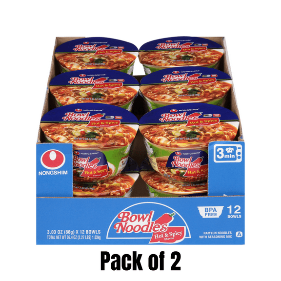 Nongshim Bowl Noodles Hot & Spicy Flavor, 12 x 3.03 oz Pack of 2 (24 Bowls Total)