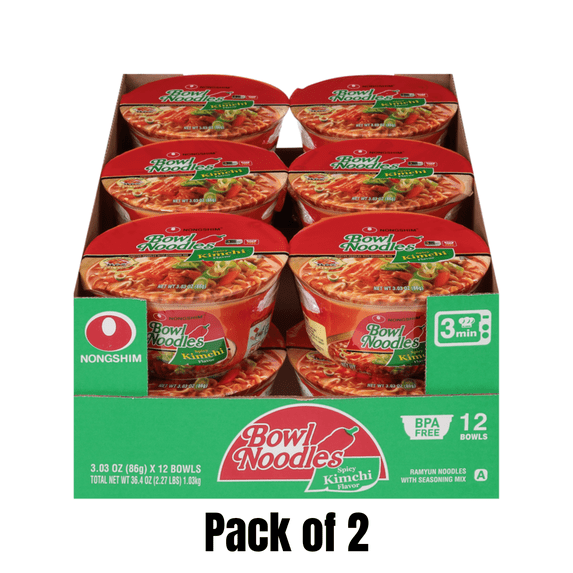 Nongshim Bowl Noodles Spicy Kimchi Flavor, 12 x 3.03 oz Pack of 2 (24 Bowls Total)