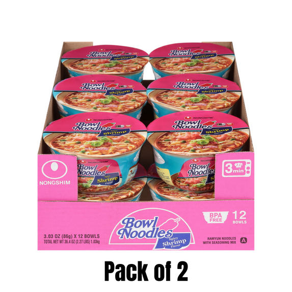 Nongshim Bowl Noodles Spicy Shrimp Flavor, 12 x 3.03 oz Pack of 2 (24 Bowls Total)