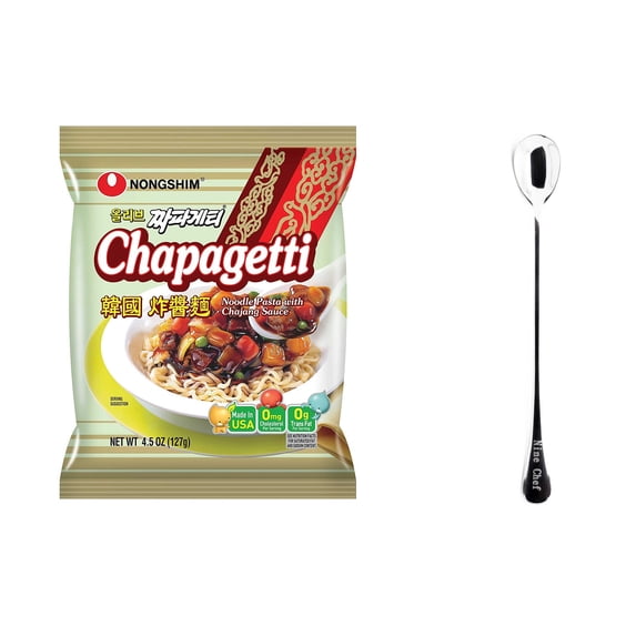 Nongshim Chapagetti Jjajang Noodle 5 Pack plus NineChef Brand Long Handle Spoon
