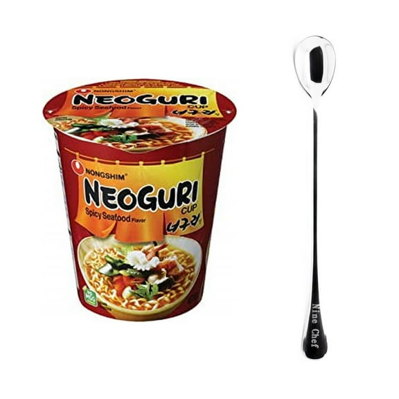 Nongshim Cup Noodle Soup (6 Pack, Spicy Seafood ) Plus NineChef Brand Long Handle Spoon