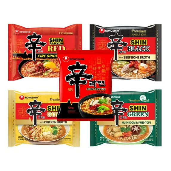 Nongshim Gourmet Spicy Shin Instant Ramen Noodle 5 Flavor Combo (Shin Ramen, Shin Ramen Black, Shin Ramen Red,Shin Ramen Green Mushroom&Fried Tofu, Shin Ramen Gold with Chicken Broth) Korean Ramen Set