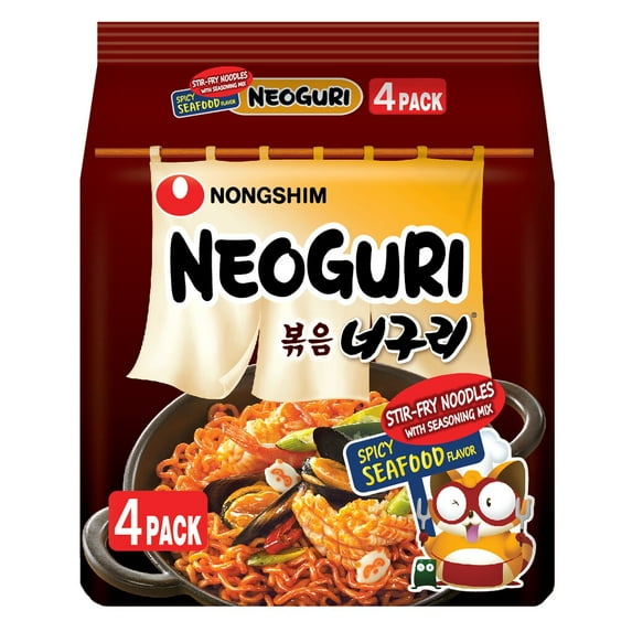 Nongshim Neoguri Stir-Fried Spicy Seafood Ramen Noodle Soup Pack, 4.2oz X 4 Count, Shelf-Stable