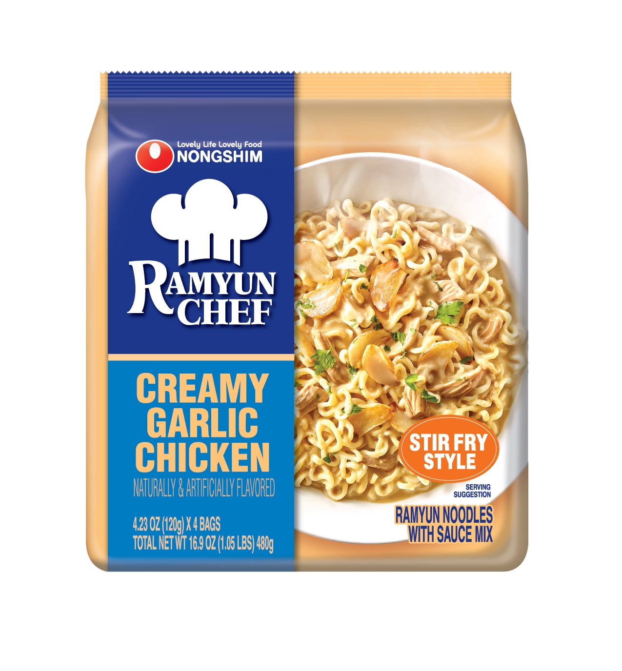 Nongshim Ramyun Chef, Creamy Garlic Chicken, Stir Fry, 4.23 oz (120g), 4 pack