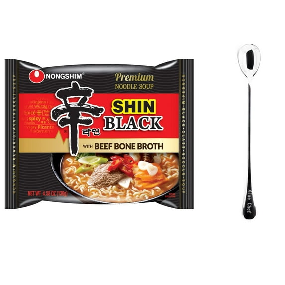 Nongshim Shin Ramen Ramyun Black - Premium Noodle Soup (5 Pack) plus NineChef Brand Long Handle Spoon