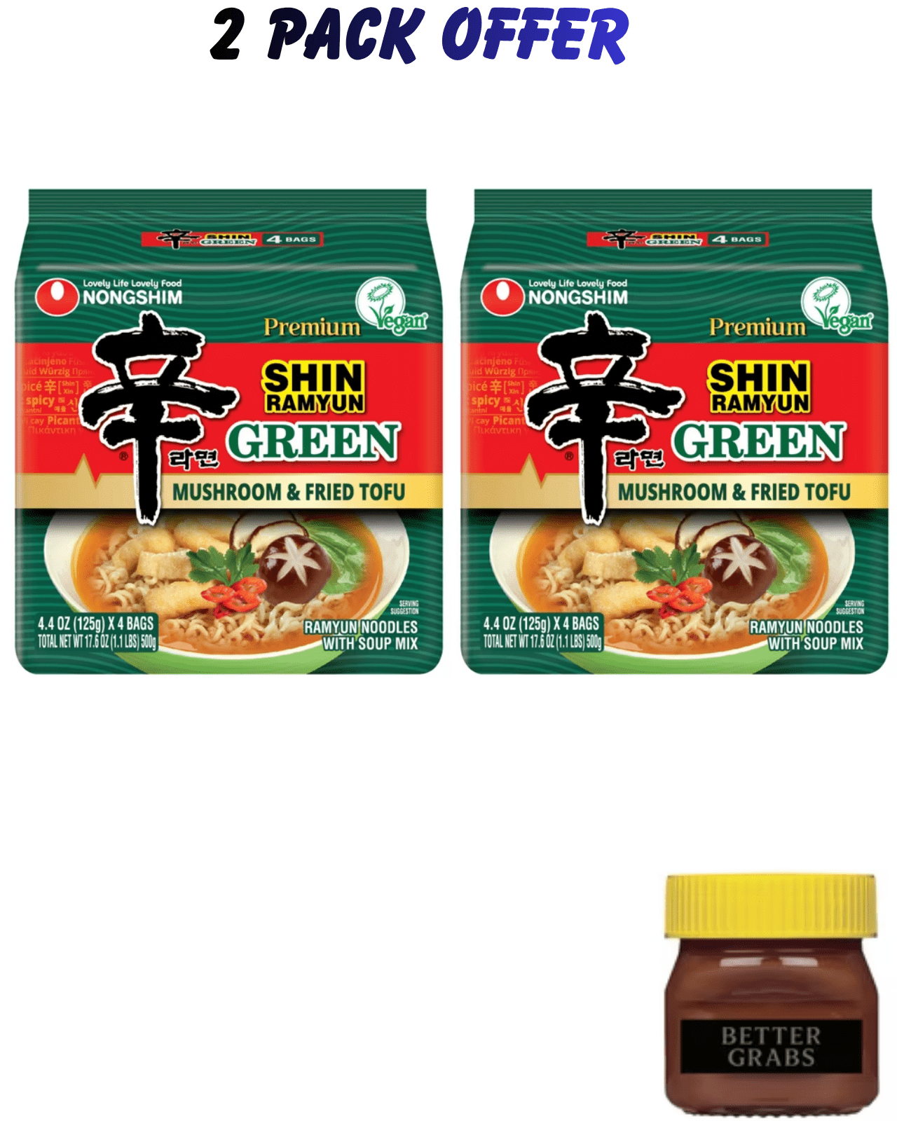 Nongshim Shin Ramyun Green Ramen Noodle Soup Pack x 4 Count, Shelf-Stable