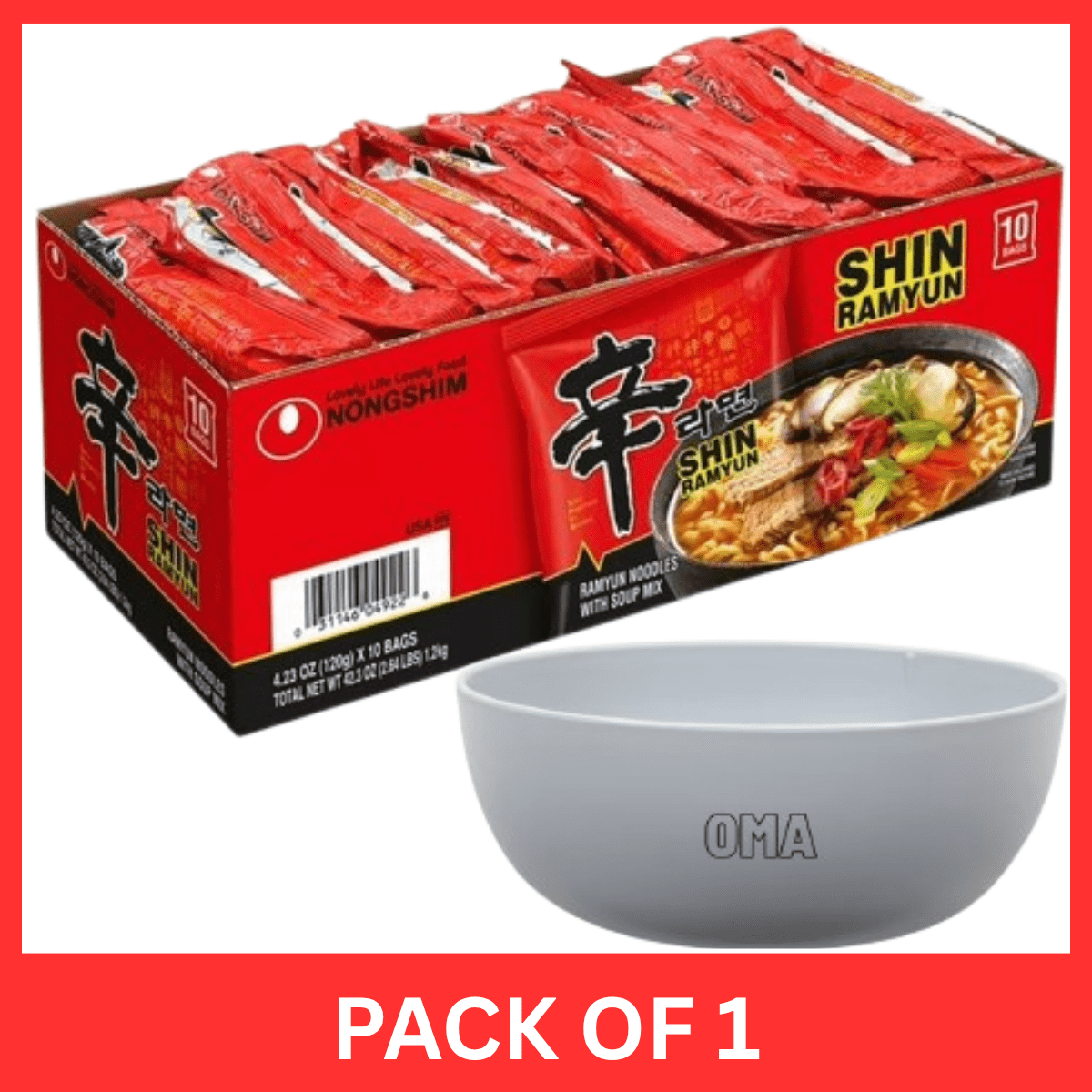 Nongshim Shin Ramyun Spicy Beef Ramen Noodle Soup, 10 Pack (4.23 oz Each) with Serving Bowl by OMA