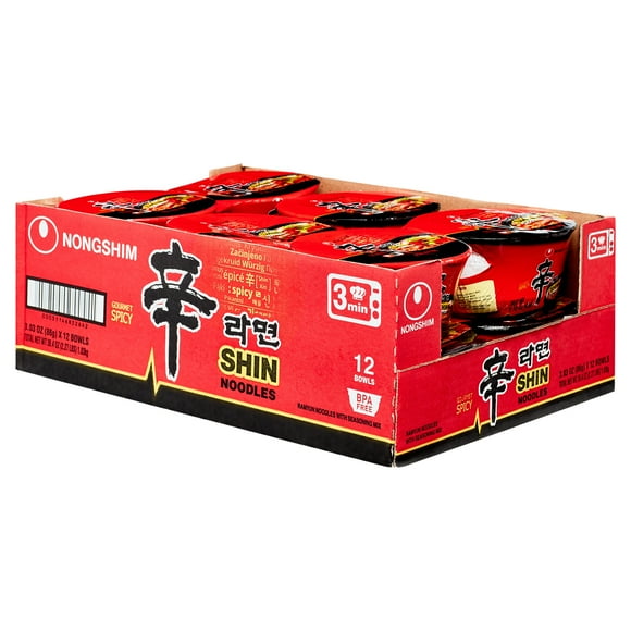Nongshim Shin Ramyun Spicy Beef Ramen Noodle Soup Bowl, 3.03oz X 12 Count, Shelf-Stable