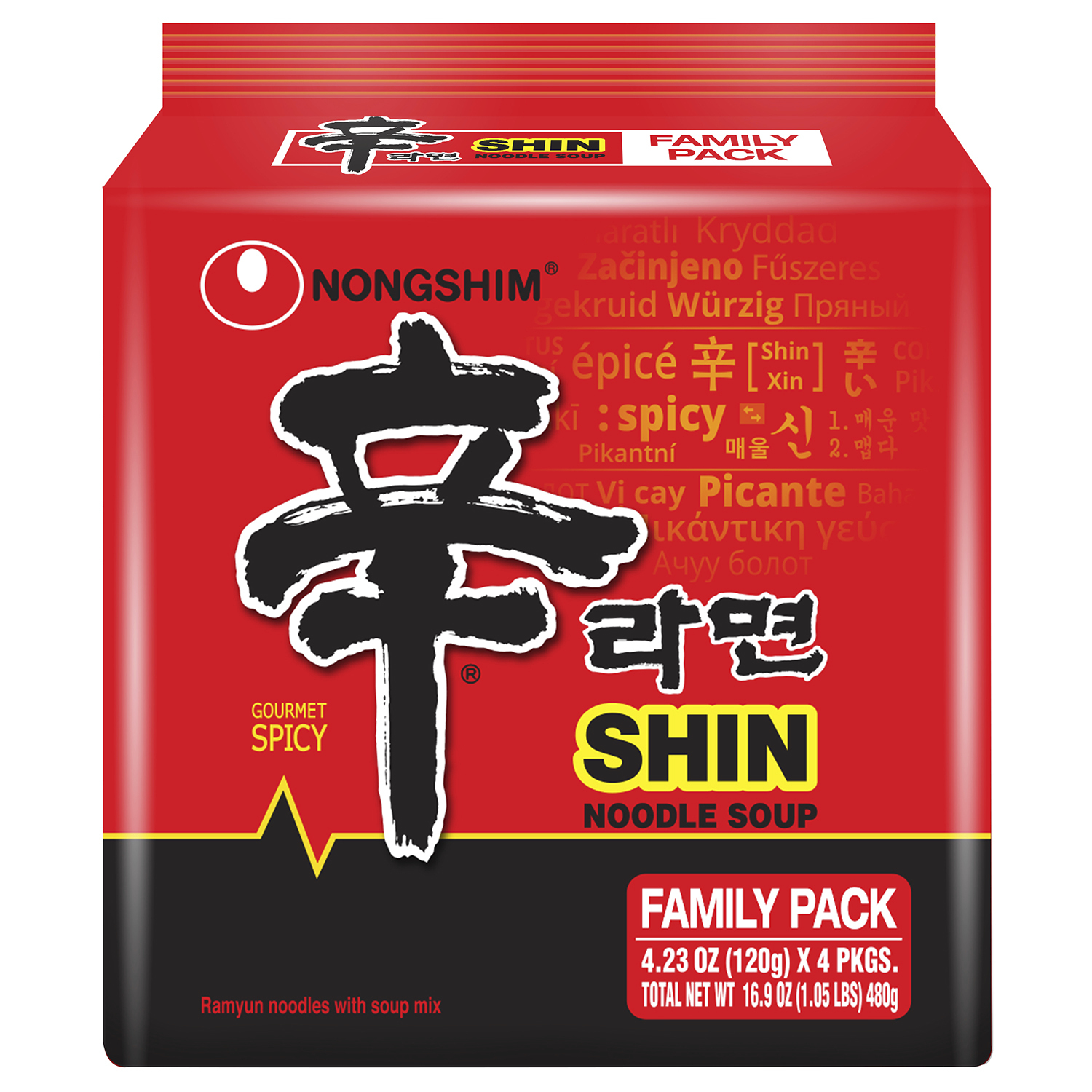 Nongshim Shin Ramyun Spicy Beef Ramen Noodle Soup Pack, 4.2oz X 4 Count - image 1 of 7