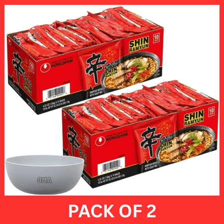 Nongshim Shin Ramyun Spicy Beef Ramen Noodle Soup, Pack of 2 (4.23 oz Each) with Serving Bowl by OMA