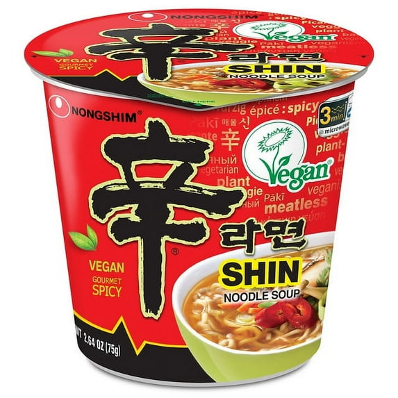 Nongshim Shin Ramyun Spicy Vegan Ramen Noodle Soup Cup, 2.64oz X 6 Count