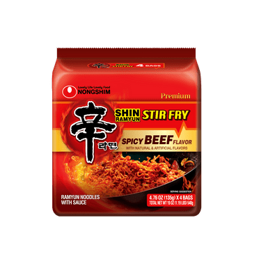 Nongshim Shin Stir Fry Spicy Beef Ramen Noodle Pack, 4.65oz x 4 Count, Shelf-Stable