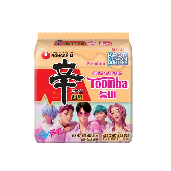 Nongshim Shin Toomba Stir Fry Creamy Premium Ramen Noodle Soup Pack, 4.83 oz X 4 Count, Shelf-Stable