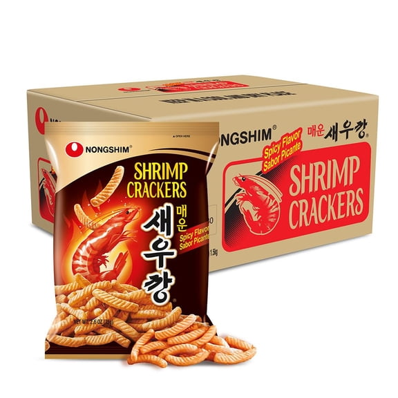 Nongshim Shrimp Crackers, Spicy Flavor, Crispy Baked Korean Snack, 2.6 oz Bags (Pack of 20) - PACKAGING MAY VARY