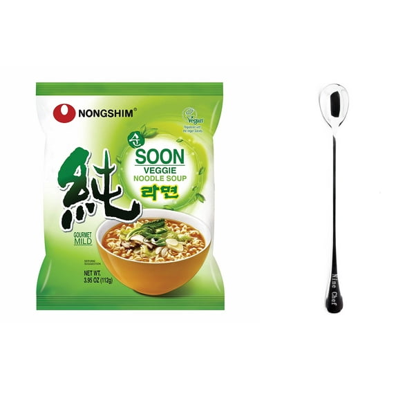 Nongshim Soon Veggie Noodle Soup (5 Pack) plus NineChef Brand Long Handle Spoon