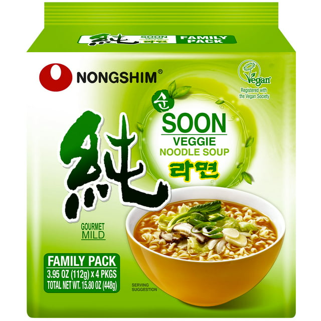 Nongshim Soon Veggie Savory Vegan Ramyun Ramen Noodle Soup Pack, 3.95oz X 4 Count