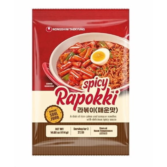 Nongshim Spicy Rapokki (Rice Cakes & Ramen Noodles with Korean Hot Pepper Sauce), 14.6 oz, Authentic Korean Street Food Meal Kit