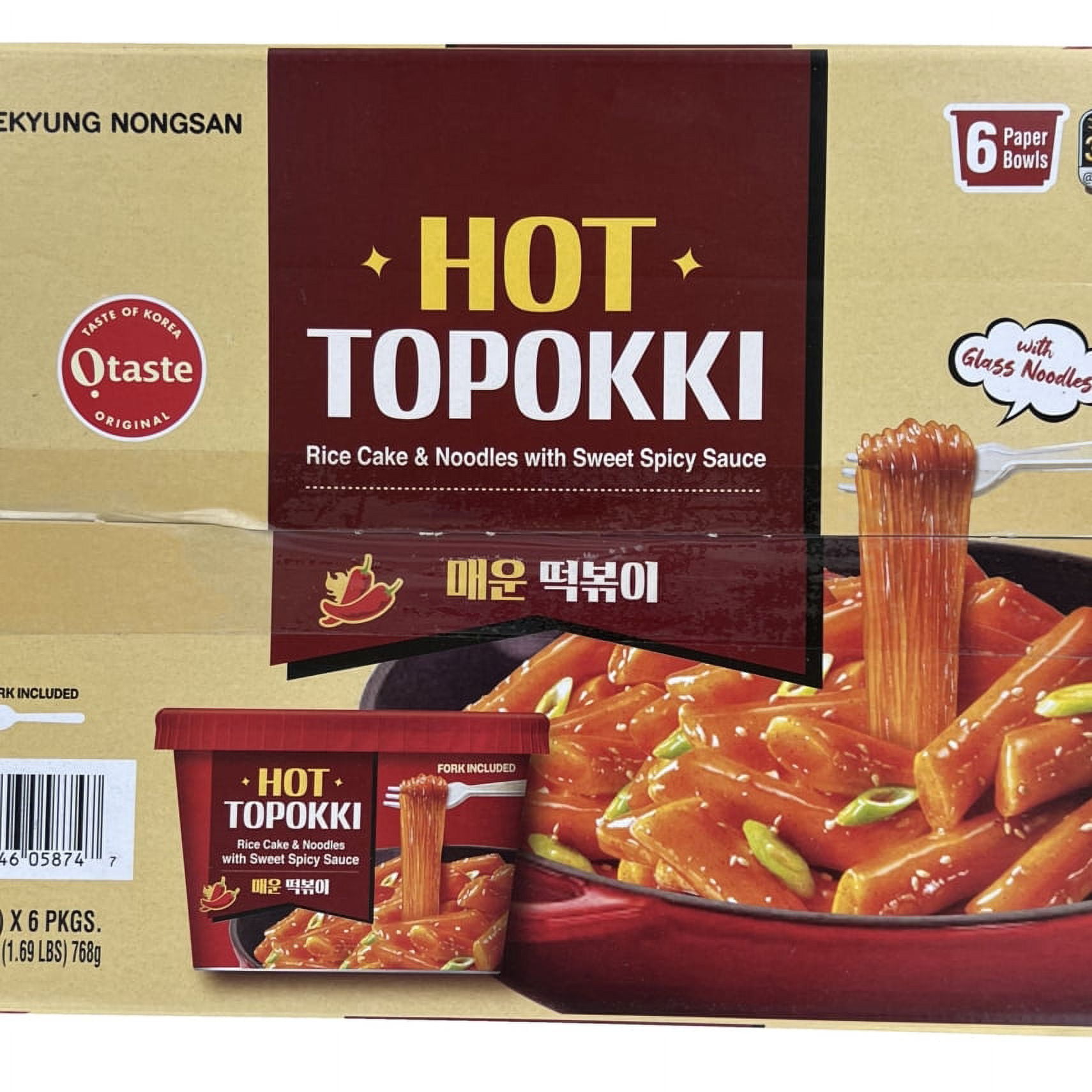 Nongshim Topokki Spicy Stir Fried Rice Cake & Noodles Bowl, 4.51oz X 6