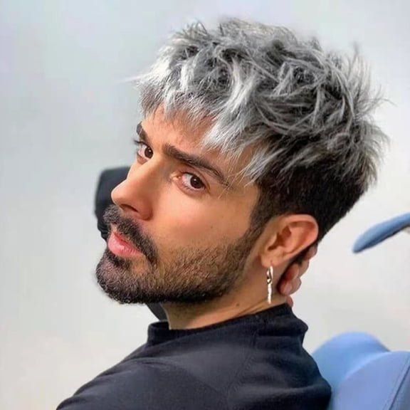 Nonivsa 10 Inch Men's Silver Gray Synthetic Full Wig, Textured Side-Swept Bangs for Cosplay, Costume Parties and Daily Wear