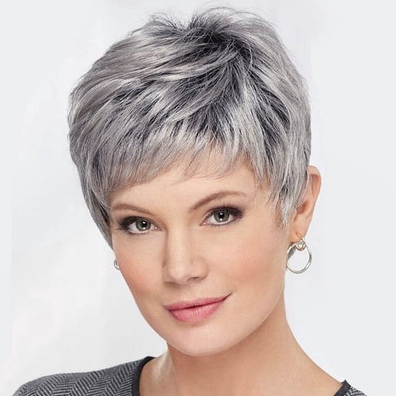 Nonivsa Women's Synthetic Full Wig, Silver Gray Short Layered Pixie Cut with Side-Swept Bangs, 10 inch