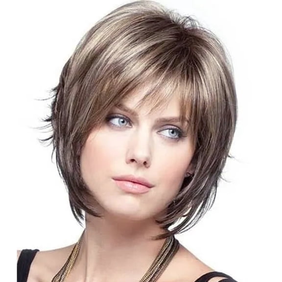 Nonivsa 10 Inch Women's Gray Brown Mix Short Layered Bob Synthetic Wig with Side-Swept Bangs for Daily Wear, Parties and Cosplay