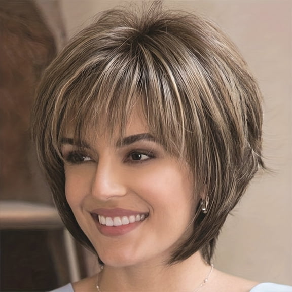 Nonivsa 10 Inch Women's Short Layered Synthetic Pixie Bob Wig, Gray Brown Salt-and-Pepper Hair with Wispy Bangs for Daily Wear, Parties and Cosplay