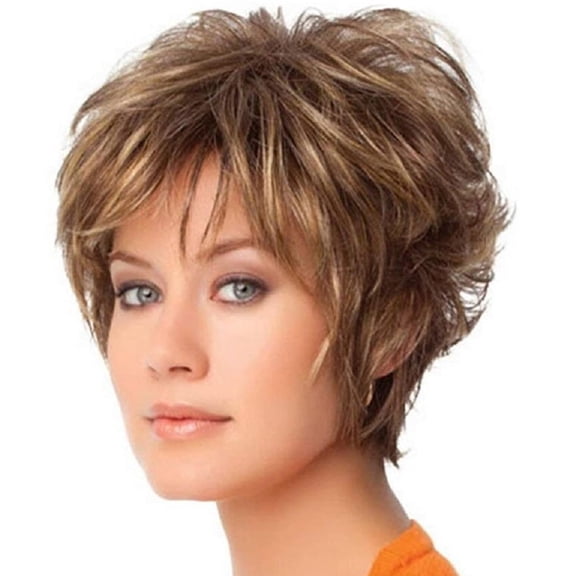 Nonivsa 10 inch Short Layered Synthetic Wig for Women, Light Brown Blonde Highlight Pixie Cut Wig with Side Bangs, Full Coverage Machine Made Hairpiece