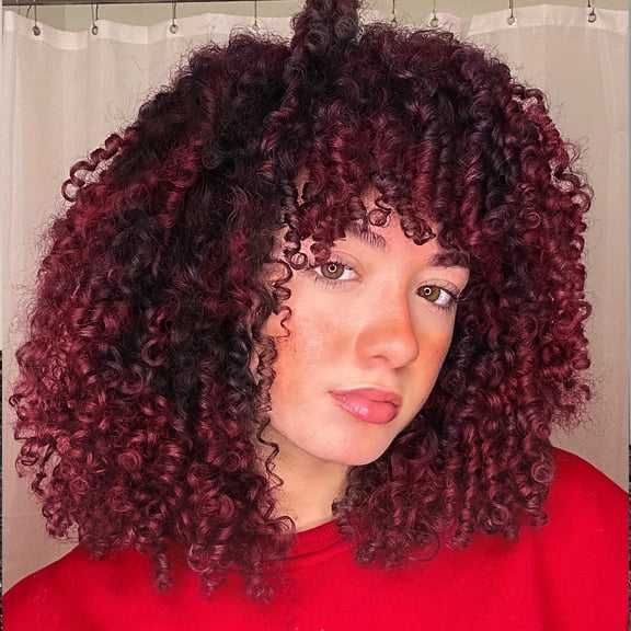 Nonivsa 12 Inch Women's Black to Burgundy Ombre Short Curly Synthetic Wig with Curly Bangs for Daily Wear, Cosplay and Parties