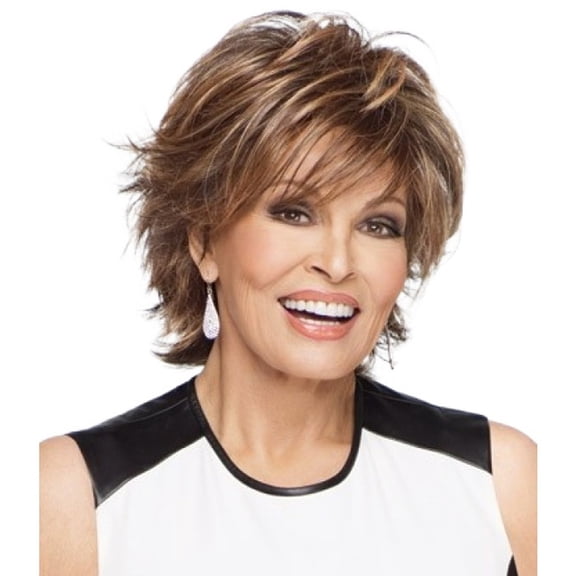 Nonivsa 12 Inch Women's Medium Brown Layered Synthetic Wig with Light Brown Highlights and Side-Swept Bangs for Daily Wear, Parties and Cosplay