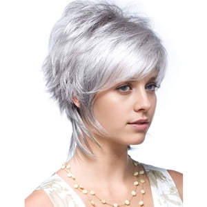 Nonivsa 12 Inch Women's Silver Gray Short Layered Synthetic Wig with Wispy Side-Swept Bangs for Daily Wear, Parties, Cosplay and Halloween