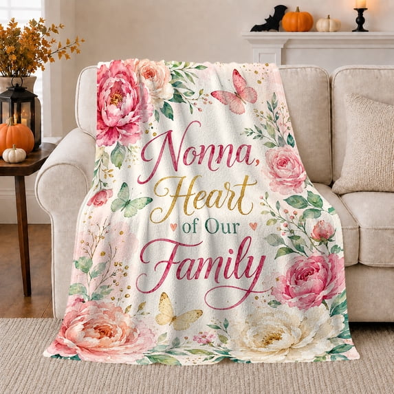 Nonna Heart Family Quote in Soft Floral Watercolor Style for Nonna Families, Pink Rose Butterfly Scene, Cozy Flannel Blanket for Bedroom and Living Room, Mother's Day Gift, Grandma Home Decor